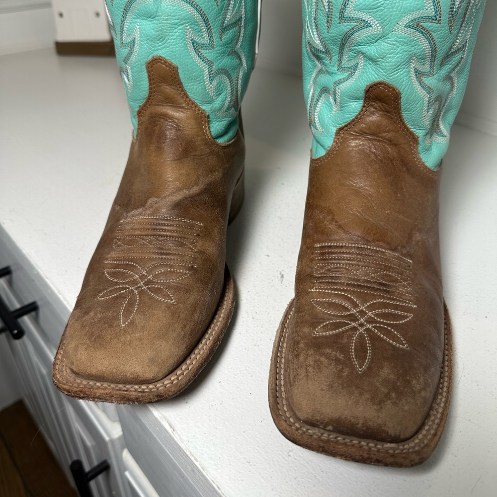 Justin Women’s 8B Cowboy Boots Brown Leather & Turquoise Western Handmade USA - Picture 3 of 9